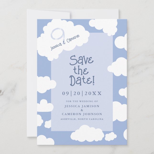 Cloud Nine 9 Cute Fun Whimsical Unique Wedding Save The Date (Front)