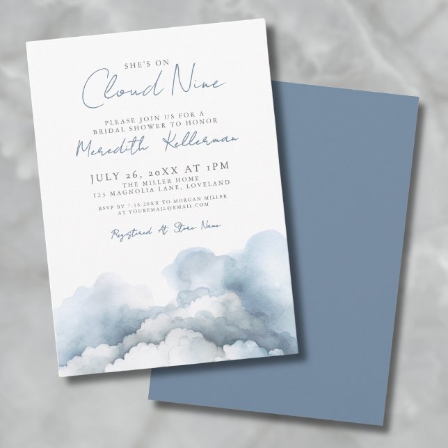 Cloud Nine 9 Elegant Blue Bridal Shower Invitation (Elegant Simple Blue Bow Bridal Shower Invitation)