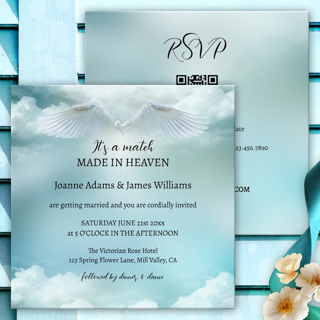 Cloud Nine Angel Wings All in One Wedding Invitation (Pastel turquoise wedding invitation featuring angel wings with a heart on a soft dreamy cloud nine)