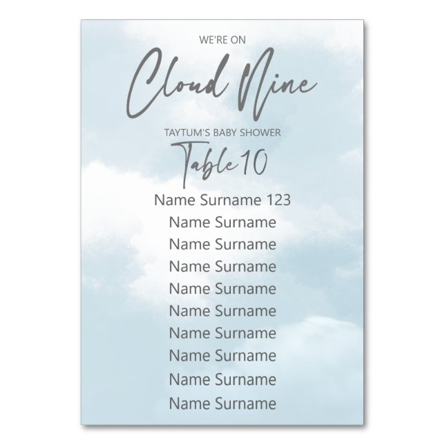 Cloud nine baby shower table number cards (Front)