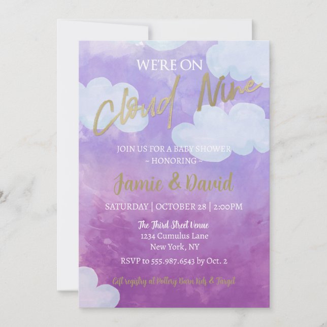 Cloud Nine Baby Shower Watercolor Sky and Clouds Invitation (Front)