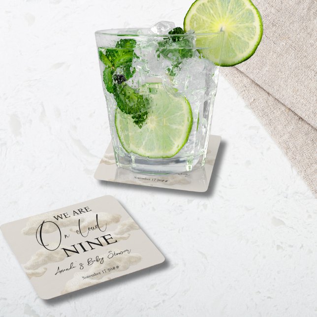 Cloud Nine Beige Gender Neutral Sky Baby Shower Square Paper Coaster (Creator Uploaded)