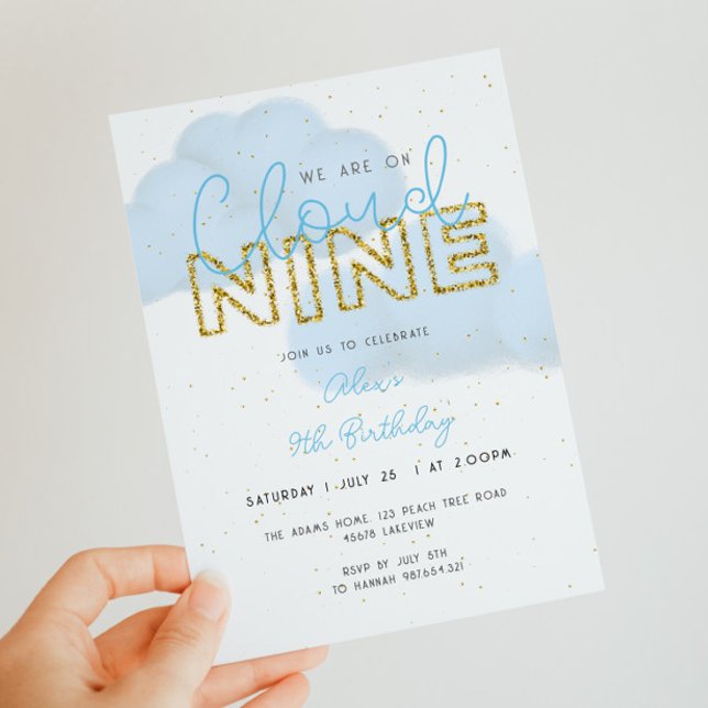 Cloud Nine Blue & Gold Boy 9th Birthday Party Invitation (Creator Uploaded)
