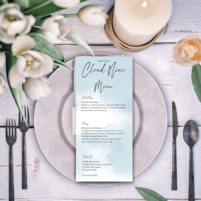 Cloud nine bridal shower template (Cloud nine bridal shower menu cards template grey modern casual script simple minimalist design)