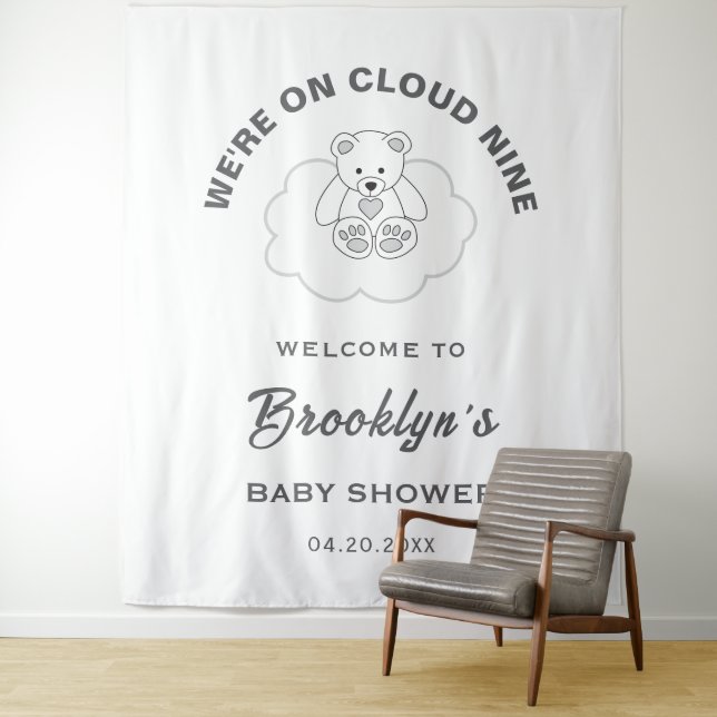 Cloud Nine Gender Neutral Baby Shower Backdrop Tapestry (In Situ)