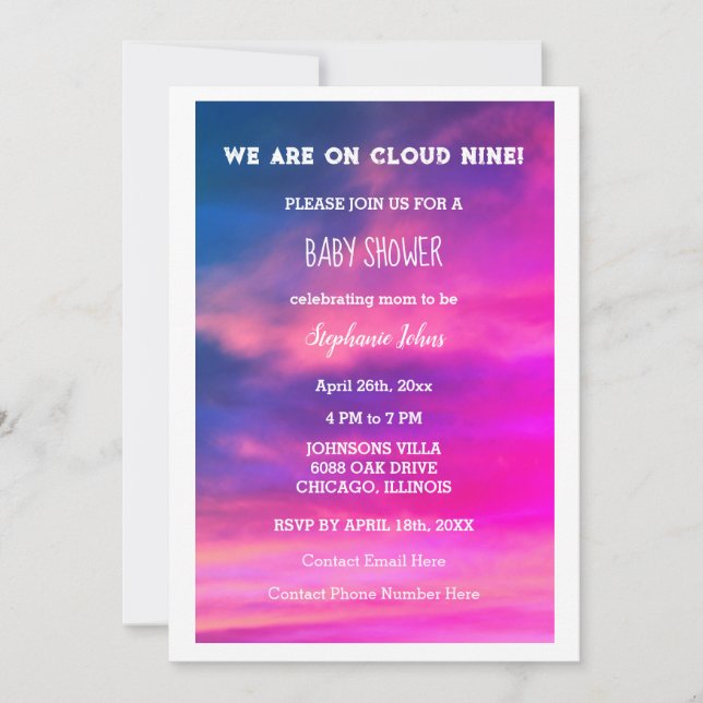 Cloud Nine Girl Baby Shower Colourful Pink Art Cut Invitation (Front)