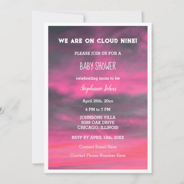 Cloud Nine Girl Baby Shower Colourful Pink Artsy Invitation (Front)