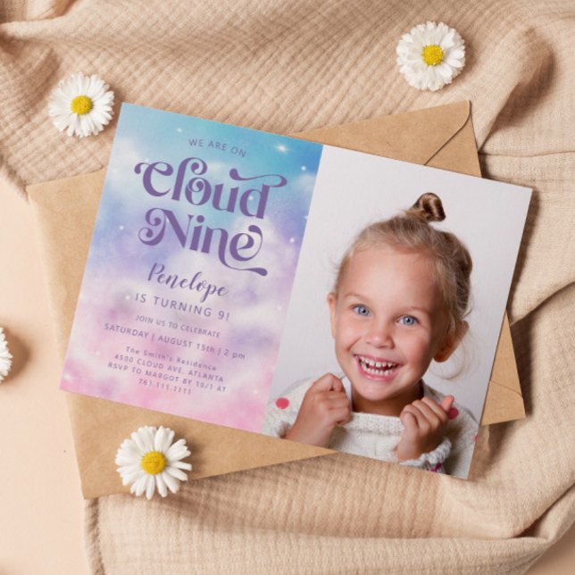 Cloud Nine Girls 9th Birthday Photo Invitation (Creator Uploaded)