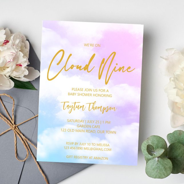 Cloud nine pink and blue baby shower invitation (Cloud nine baby shower invitation pink and blue ombre clouds modern gold script template invite)