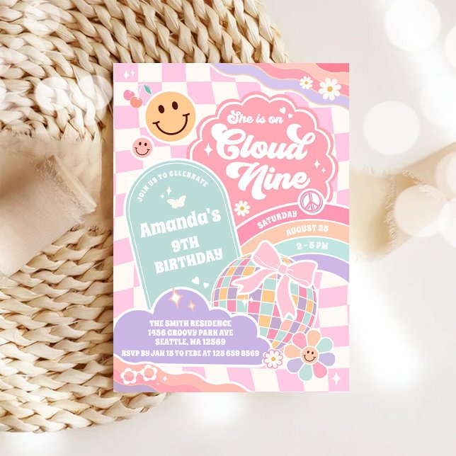 Cloud Nine Retro Groovy Daisy 9th Birthday Invitat Invitation (Creator Uploaded)