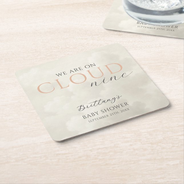 Cloud Nine White Clouds Baby Shower Square Paper Coaster (Angled)