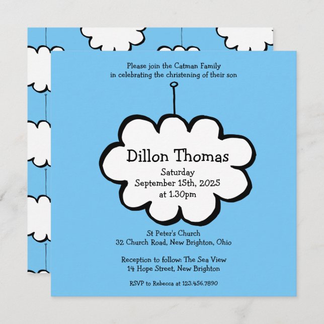 Cloud on a String Christening Invitation (Front/Back)