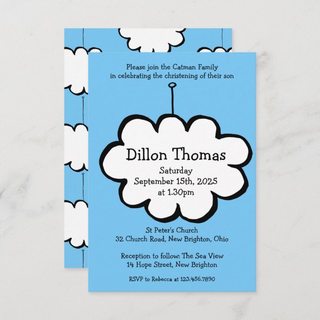 Cloud on a String Christening Invitation (Front/Back)