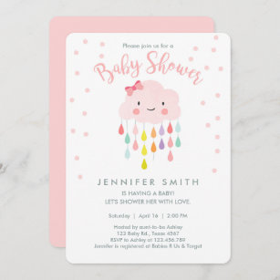 Cloud Raindrops Pink Girl Baby Shower Invitation