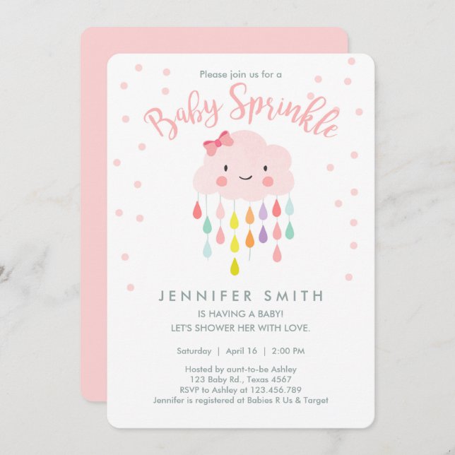 Cloud Raindrops Pink Girl Baby Sprinkle Invitation (Front/Back)
