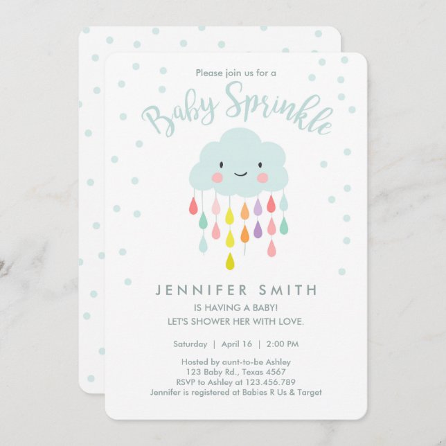 Cloud Raindrops Rainbow Neutral Baby Sprinkle Invitation (Front/Back)