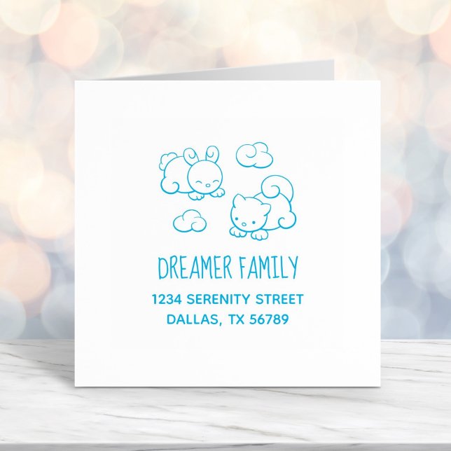 Cloud Shapes Bunny Cat Family Address Self-inking Stamp (Creator Uploaded)