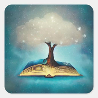 Cloud Tree & Open Book Square Sticker