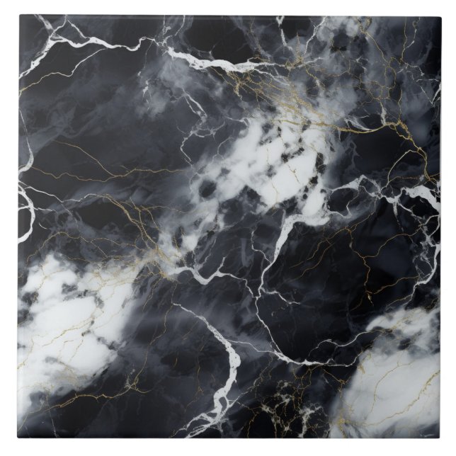 Clouded Black Marble Effect with White and Gold Ceramic Tile (Front)