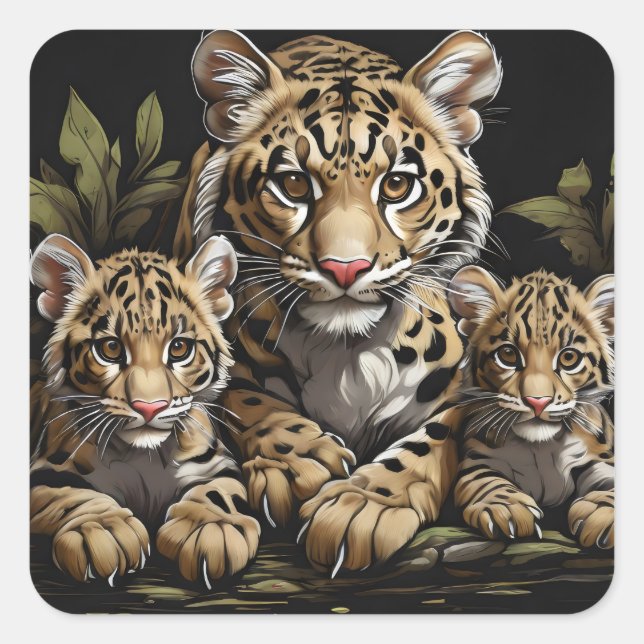 clouded leopard with cubs square sticker (Front)