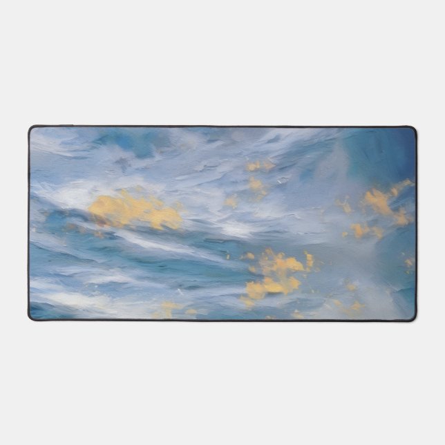 Clouds Abstract Art Blue Gold Artsy Desk Pad (Front)