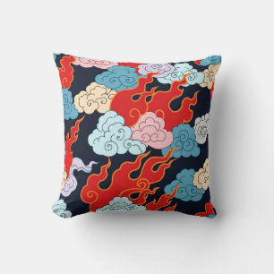 Clouds and flame forks on a black background. Vint Cushion