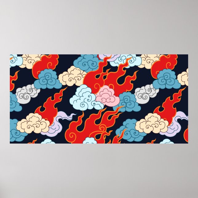 Clouds and flame forks on a black background. Vint Poster (Front)