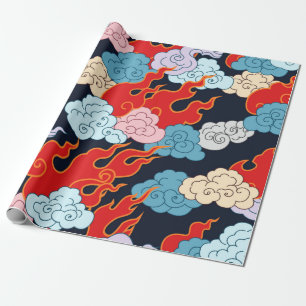 Clouds and flame forks on a black background. Vint Wrapping Paper