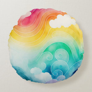 Clouds and Watercolor Rainbow Coloured Throw Pillo Round Cushion