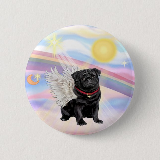 Clouds - Black Pug Angel 6 Cm Round Badge (Front)