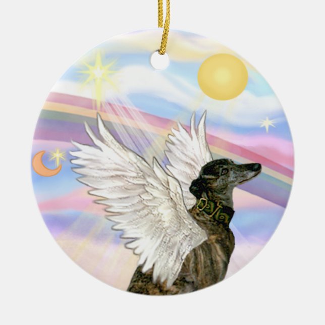 Clouds - Brindle Greyhound Ceramic Tree Decoration (Front)