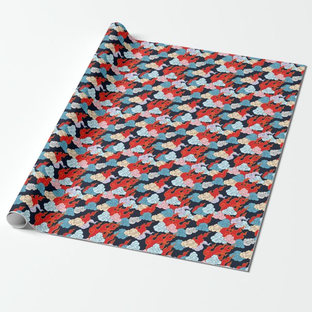 Clouds, Flames: Black Vintage Pattern. Wrapping Paper (Unrolled)