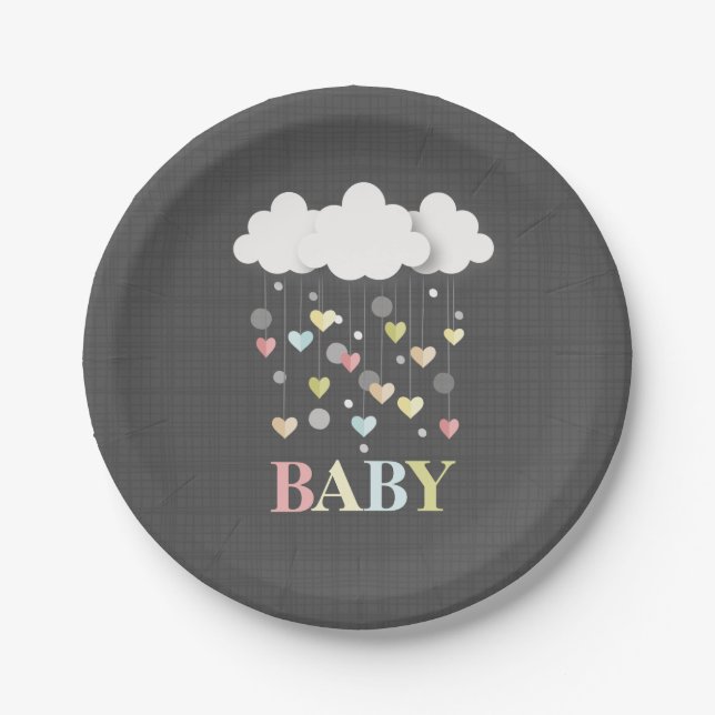 Clouds + Hearts Neutral Baby Shower Paper Plate (Front)