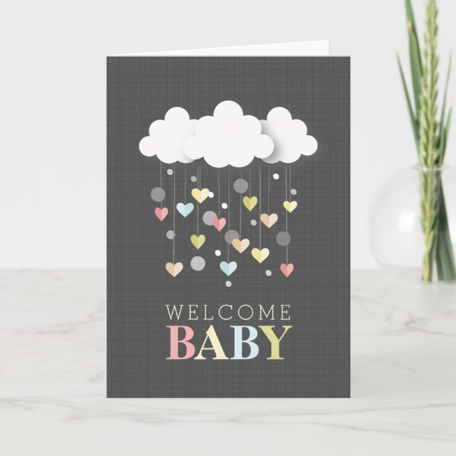 Clouds + Hearts Neutral Baby Shower Thank You Card (Front)