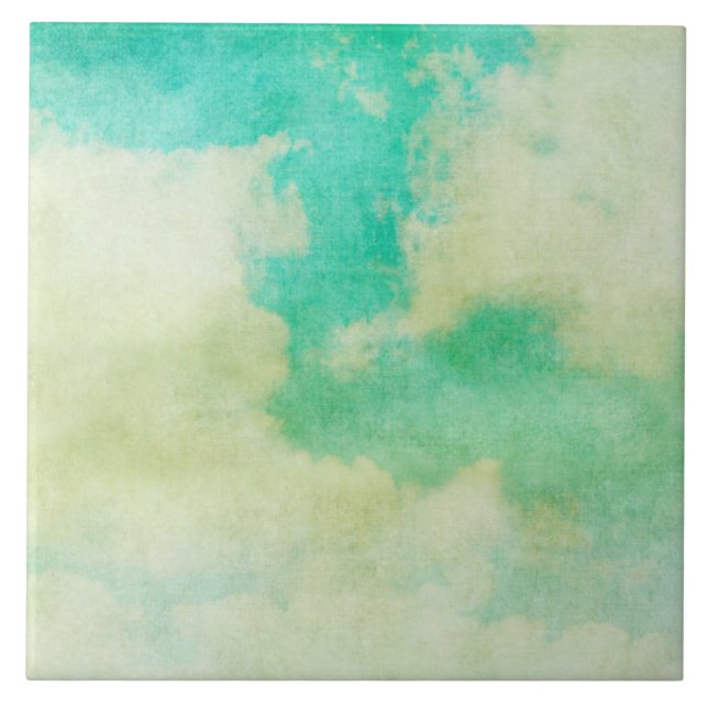 Clouds in the sky painting teal and cream ceramic tile (Front)