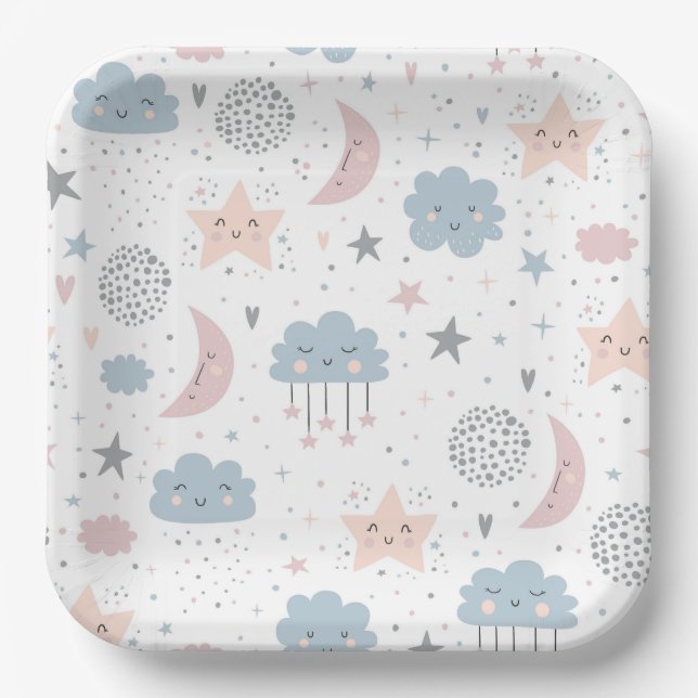 Clouds Moon Stars Paper Plates, Celestial Party Plate (Front)