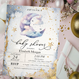 Clouds Moon,Stars Watercolor Baby Shower  Invitation