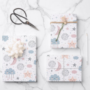 Clouds Moon Stars Wrapping Paper, Celestial Gift Paper Sheet