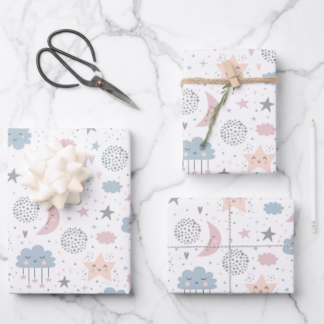 Clouds Moon Stars Wrapping Paper, Celestial Gift  Paper Sheet (Front)