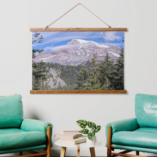 Clouds Over Mount Rainier Scenic Landscape Hanging Tapestry (Living Room)