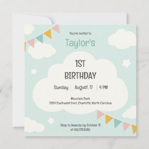 Clouds party flags baby first birthday invitation