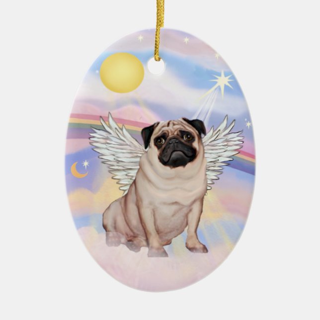 Clouds - Pug Angel (fawn) Ceramic Ornament (Front)