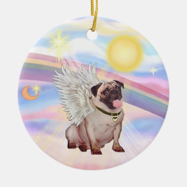 Clouds - Pug Angel (fawn) Ceramic Tree Decoration (Front)