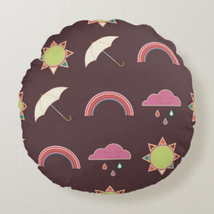 Clouds, rain, sun, umbrella pattern. round cushion