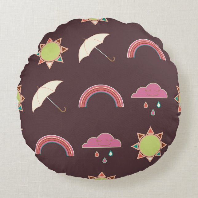Clouds, rain, sun, umbrella pattern. round cushion (Front)