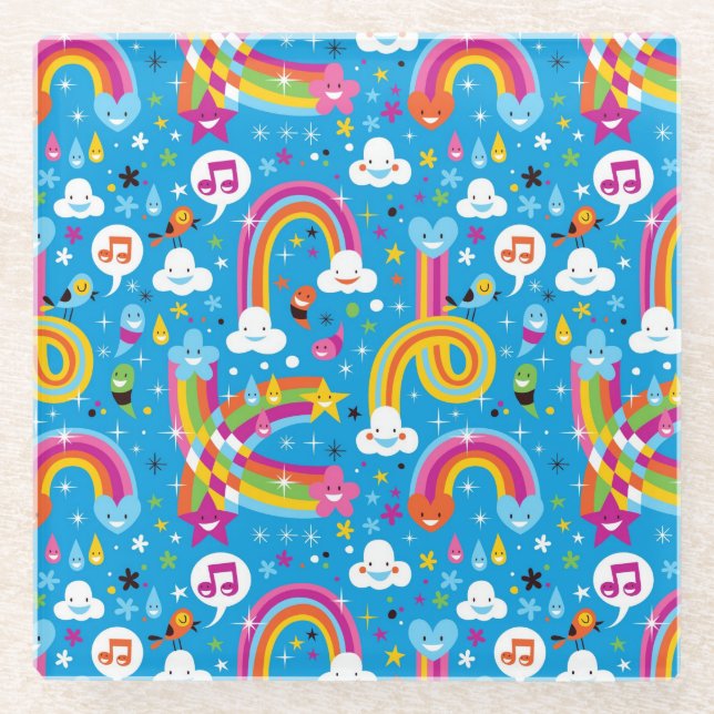 clouds rainbows rain drops hearts pattern glass coaster (Front)
