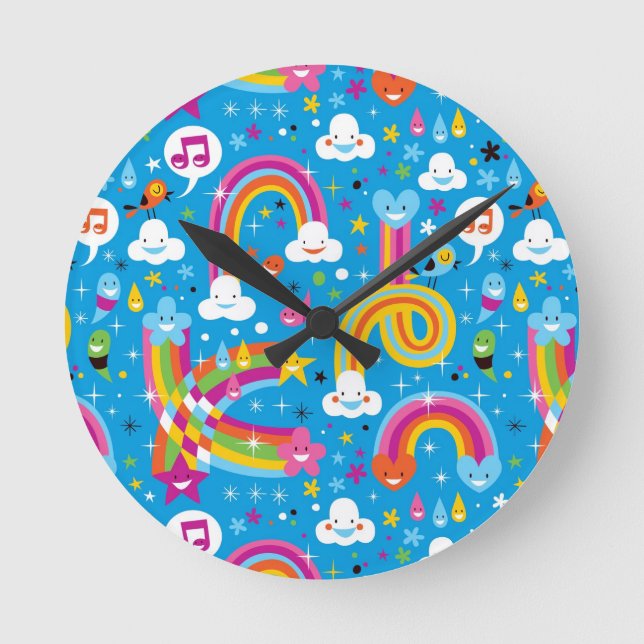 clouds rainbows rain drops hearts pattern round clock (Front)