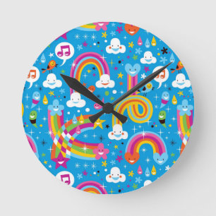 clouds rainbows rain drops hearts pattern round clock