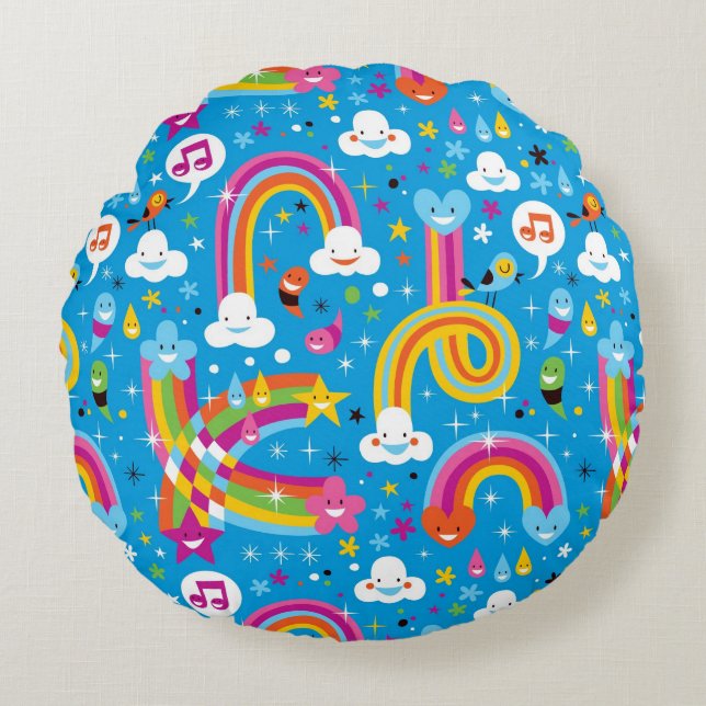 clouds rainbows rain drops hearts pattern round cushion (Front)