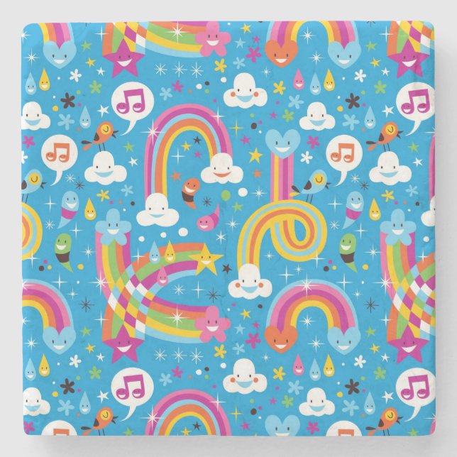 clouds rainbows rain drops hearts pattern stone coaster (Front)